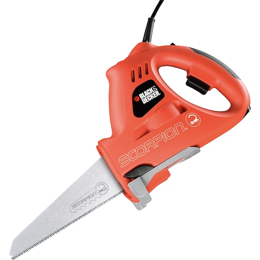 A BLACK+DECKER Scorpion electric saw with a red and black handle, featuring a visible blade and power cord.