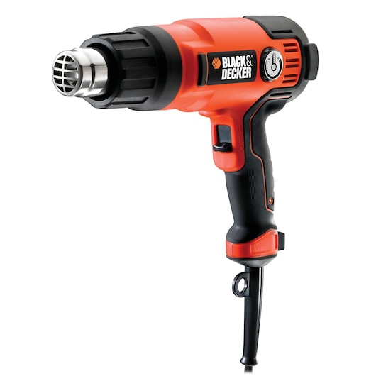 A BLACK+DECKER heat gun with an ergonomic black and orange handle, a temperature control dial, and a metal nozzle, photographed against a white background.