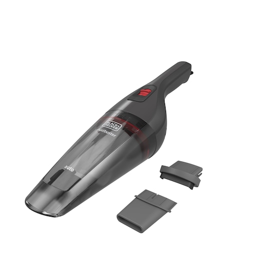BLACKDECKER NVB12AVA handheld vacuum cleaner with two nozzle attachments, side angle on white background.