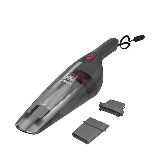 BLACKDECKER NVB12AVA handheld car vacuum with two nozzle attachments, angled view on white background.