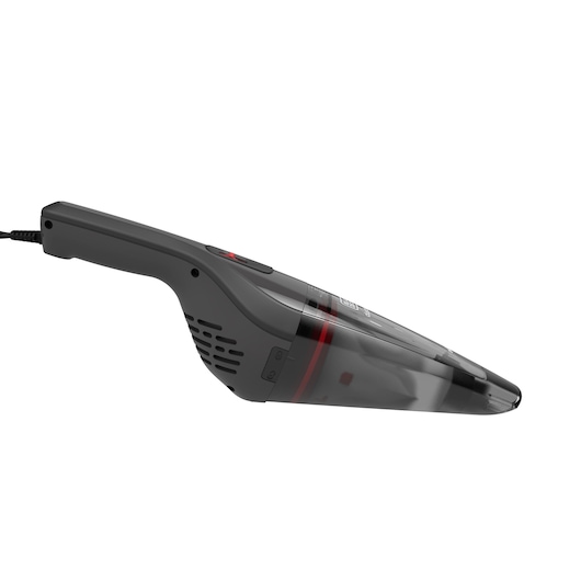 BLACKDECKER NVB12AVA handheld vacuum cleaner, side view, black and transparent design.