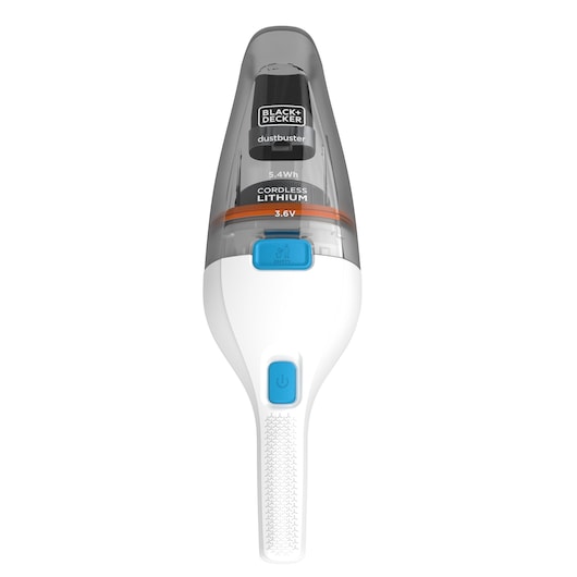 BLACKDECKER NVC115JL cordless dustbuster handheld vacuum, white and grey, front angle, photography