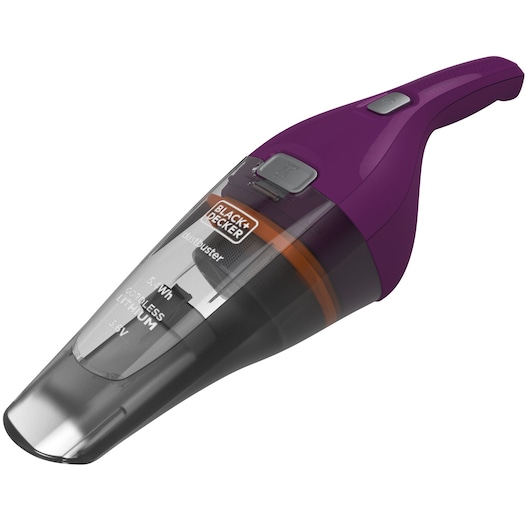A BLACK+DECKER handheld cordless vacuum cleaner in purple and black with transparent dust chamber.