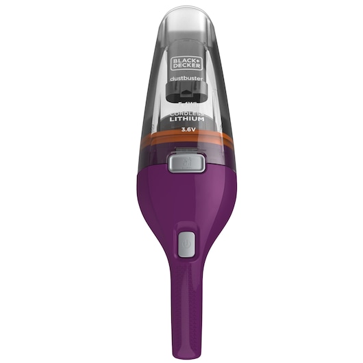 A BLACK+DECKER cordless handheld vacuum cleaner with a purple body and transparent dustbin, model NVC115W, displayed vertically against a white background.