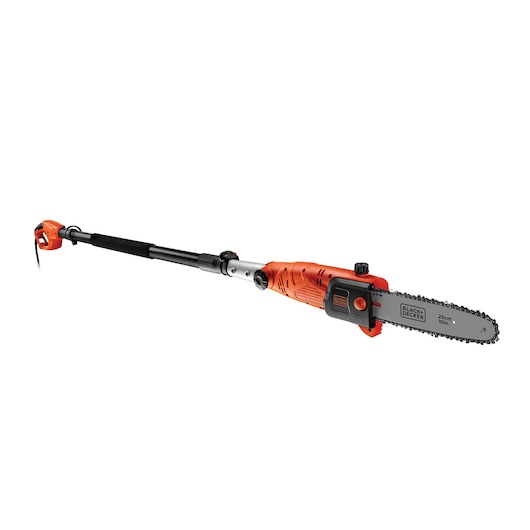 BLACKDECKER PS7525 orange and black electric pole saw, side angle on white background.