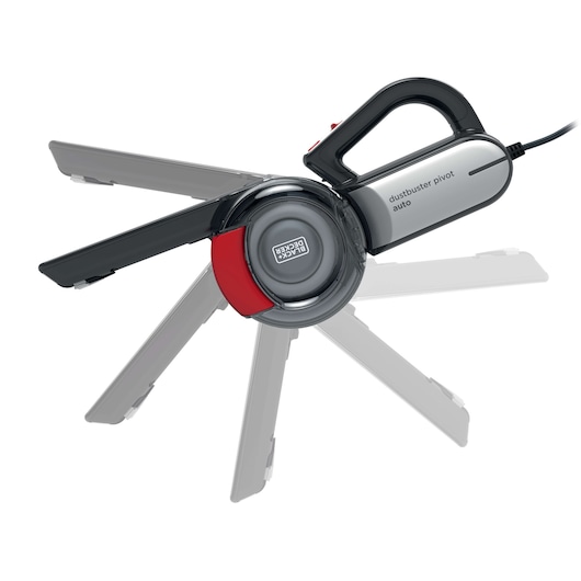 BLACK+DECKER PV1200AV pivot auto handheld vacuum, side angle, grey and red design, adjustable nozzle.