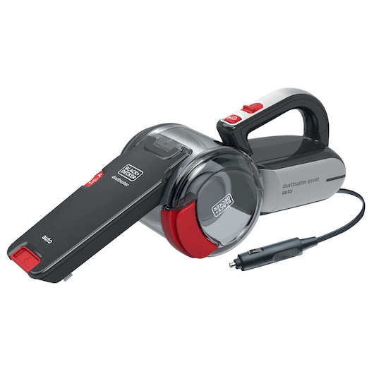 BLACKDECKER PV1200AV dustbuster pivot auto, compact handheld vacuum with 12V car adapter, front angle.