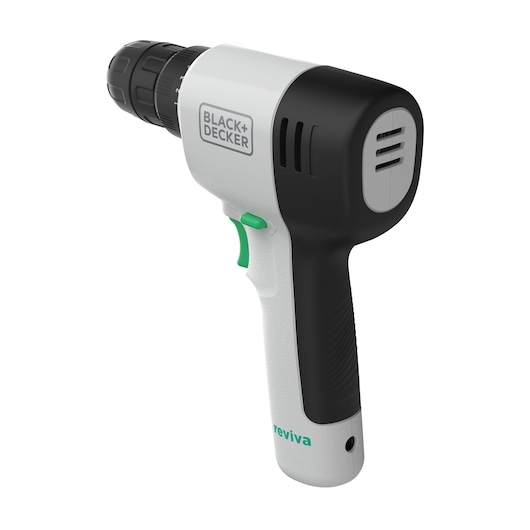 Photo of BLACKDECKER cordless drill REVDD12C with white and black casing, side angle on white background.