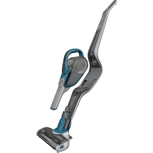 BLACKDECKER SVJ520BFS cordless stick vacuum, gray and blue, side angle on white background.