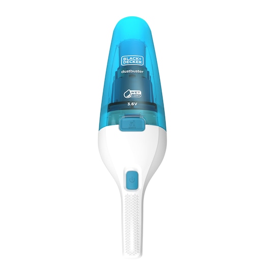 A BLACK+DECKER handheld vacuum cleaner with a blue and white design, featuring a transparent blue dust container and a power button on the handle.